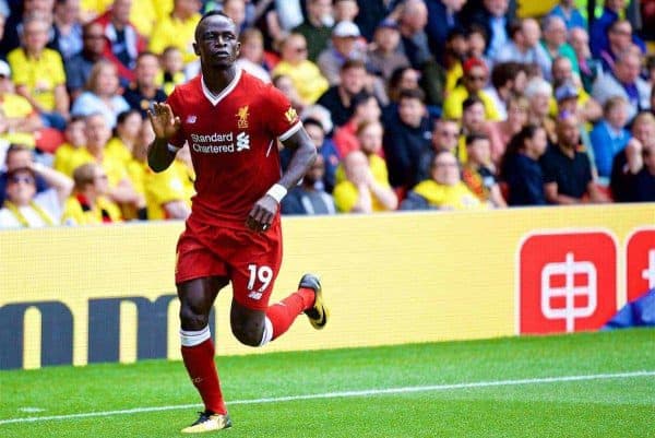 WATFORD, ENGLAND - Saturday, August 12, 2017: Liverpool's Sadio Mane celebrates scoring the first equalising goal during the FA Premier League match between Watford and Liverpool at Vicarage Road. (Pic by David Rawcliffe/Propaganda)