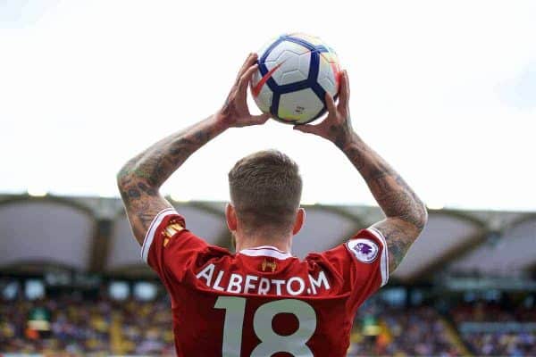WATFORD, ENGLAND - Saturday, August 12, 2017: Liverpool's Alberto Moreno takes a throw-in during the FA Premier League match between Watford and Liverpool at Vicarage Road. (Pic by David Rawcliffe/Propaganda)