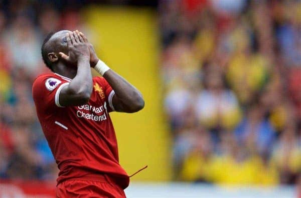 WATFORD, ENGLAND - Saturday, August 12, 2017: Liverpool's Sadio Mane looks dejected after missing a chance during the FA Premier League match between Watford and Liverpool at Vicarage Road. (Pic by David Rawcliffe/Propaganda)