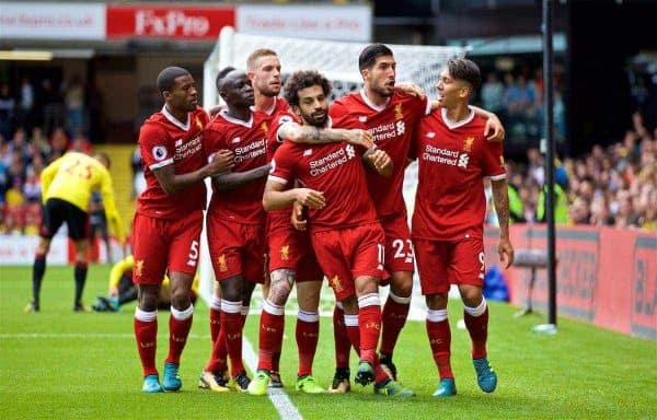 WATFORD, ENGLAND - Saturday, August 12, 2017: Liverpool's Mohamed Salah celebrates scoring the third goal with team-mates during the FA Premier League match between Watford and Liverpool at Vicarage Road. (Pic by David Rawcliffe/Propaganda)