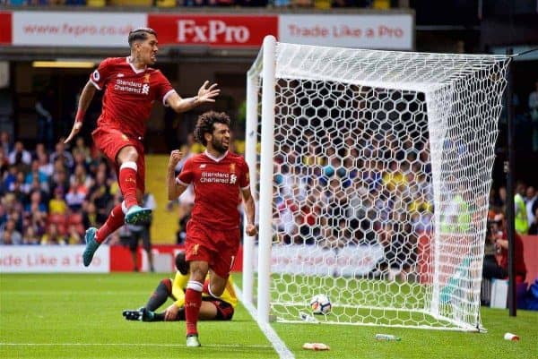 WATFORD, ENGLAND - Saturday, August 12, 2017: Liverpool's Mohamed Salah celebrates scoring the third goal during the FA Premier League match between Watford and Liverpool at Vicarage Road. (Pic by David Rawcliffe/Propaganda)