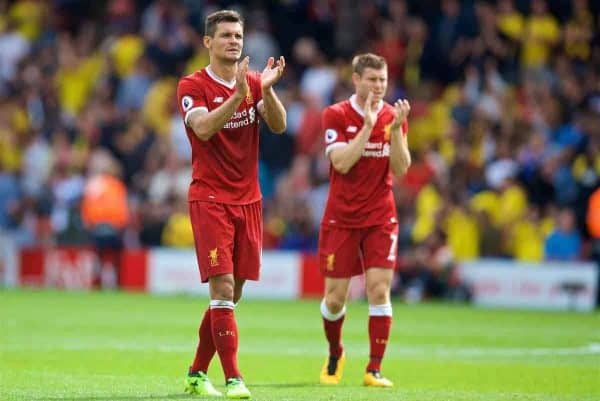 WATFORD, ENGLAND - Saturday, August 12, 2017: Liverpool's Dejan Lovren applauds the travelling supporters after the 3-3 draw during the FA Premier League match between Watford and Liverpool at Vicarage Road. (Pic by David Rawcliffe/Propaganda)