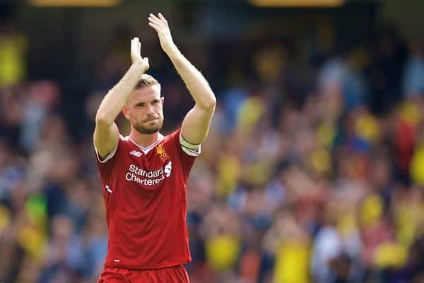 WATFORD, ENGLAND - Saturday, August 12, 2017: Liverpool's captain Jordan Henderson applauds the travelling supporters after the 3-3 draw during the FA Premier League match between Watford and Liverpool at Vicarage Road. (Pic by David Rawcliffe/Propaganda)