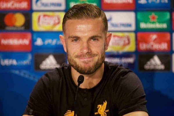 SINSHEIM, GERMANY - Monday, August 14, 2017: Liverpool's captain Jordan Henderson during a press conference ahead of the UEFA Champions League Play-Off 1st Leg match against TSG 1899 Hoffenheim at the Rhein-Neckar-Arena. (Pic by David Rawcliffe/Propaganda)