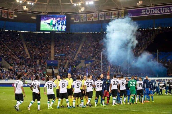 SINSHEIM, GERMANY - Tuesday, August 15, 2017: Liverpool and TSG 1899 Hoffenheim players shake hands during the UEFA Champions League Play-Off 1st Leg match between TSG 1899 Hoffenheim and Liverpool at the Rhein-Neckar-Arena. (Pic by David Rawcliffe/Propaganda)