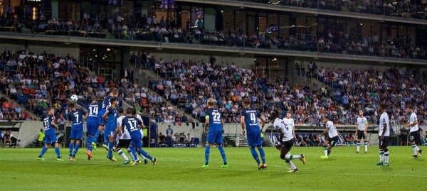 SINSHEIM, GERMANY - Tuesday, August 15, 2017: Liverpool's Trent Alexander-Arnold scores the first goal during the UEFA Champions League Play-Off 1st Leg match between TSG 1899 Hoffenheim and Liverpool at the Rhein-Neckar-Arena. (Pic by David Rawcliffe/Propaganda)