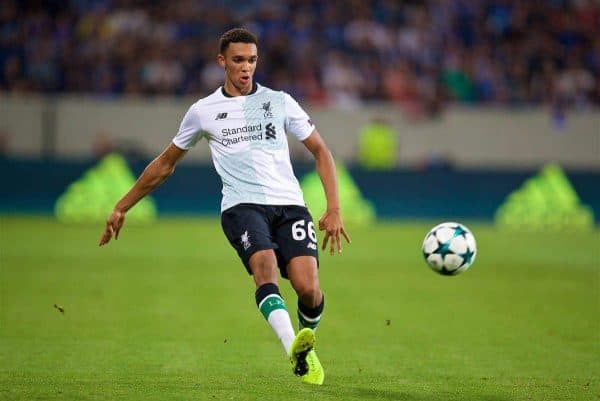 SINSHEIM, GERMANY - Tuesday, August 15, 2017: Liverpool's Trent Alexander-Arnold during the UEFA Champions League Play-Off 1st Leg match between TSG 1899 Hoffenheim and Liverpool at the Rhein-Neckar-Arena. (Pic by David Rawcliffe/Propaganda)