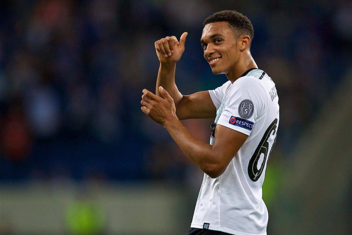 SINSHEIM, GERMANY - Tuesday, August 15, 2017: Liverpool's goal-scorer Trent Alexander-Arnold applauds the travelling supporters after beating TSG 1899 Hoffenheim 2-1 during the UEFA Champions League Play-Off 1st Leg match between TSG 1899 Hoffenheim and Liverpool at the Rhein-Neckar-Arena. (Pic by David Rawcliffe/Propaganda)