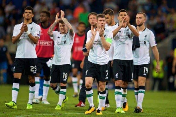 SINSHEIM, GERMANY - Tuesday, August 15, 2017: Liverpool's goal-scorer James Milner applauds the travelling supporters after beating TSG 1899 Hoffenheim 2-1 during the UEFA Champions League Play-Off 1st Leg match between TSG 1899 Hoffenheim and Liverpool at the Rhein-Neckar-Arena. (Pic by David Rawcliffe/Propaganda)