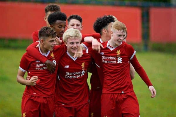 KIRKBY, ENGLAND - Saturday, August 19, 2017: Liverpool's Edvard Sandvik Tagseth celebrates scoring the first goal during an Under-18 FA Premier League match between Liverpool and Blackburn Rovers at the Kirkby Academy. (Pic by David Rawcliffe/Propaganda)