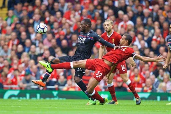 LIVERPOOL, ENGLAND - Saturday, August 19, 2017: Liverpool's Joel Matip and Crystal Palace's Christian Benteke during the FA Premier League match between Liverpool and Crystal Palace at Anfield. (Pic by David Rawcliffe/Propaganda)