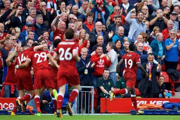 LIVERPOOL, ENGLAND - Saturday, August 19, 2017: Liverpool's Sadio Mane celebrates scoring the first goal during the FA Premier League match between Liverpool and Crystal Palace at Anfield. (Pic by David Rawcliffe/Propaganda)