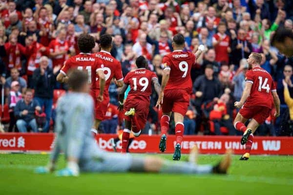 LIVERPOOL, ENGLAND - Saturday, August 19, 2017: Liverpool's Sadio Mane celebrates scoring the first goal during the FA Premier League match between Liverpool and Crystal Palace at Anfield. (Pic by David Rawcliffe/Propaganda)