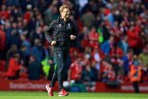 LIVERPOOL, ENGLAND - Saturday, August 19, 2017: Liverpool's manager Jürgen Klopp celebrates the 1-0 victory during the FA Premier League match between Liverpool and Crystal Palace at Anfield. (Pic by David Rawcliffe/Propaganda)