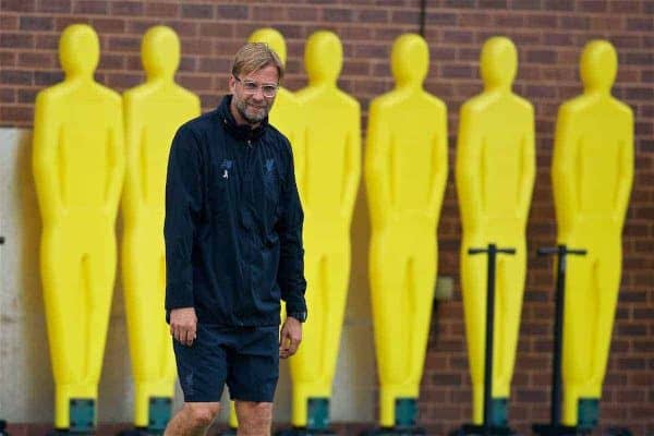 LIVERPOOL, ENGLAND - Tuesday, August 22, 2017: Liverpool's manager Jürgen Klopp during a training session at Melwood Training Ground ahead of the UEFA Champions League Play-Off 2nd Leg match against TSG 1899 Hoffenheim. (Pic by David Rawcliffe/Propaganda)