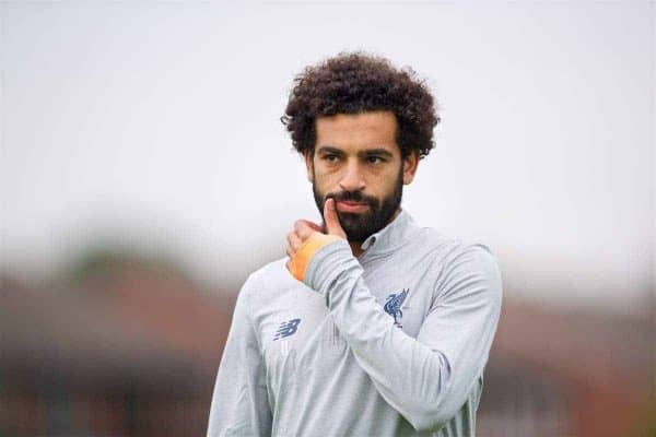 LIVERPOOL, ENGLAND - Tuesday, August 22, 2017: Liverpool's Mohamed Salah during a training session at Melwood Training Ground ahead of the UEFA Champions League Play-Off 2nd Leg match against TSG 1899 Hoffenheim. (Pic by David Rawcliffe/Propaganda)