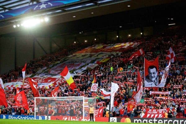 LIVERPOOL, ENGLAND - Wednesday, August 23, 2017: Liverpool supporters on the Spion Kop during the UEFA Champions League Play-Off 2nd Leg match between Liverpool and TSG 1899 Hoffenheim at Anfield. (Pic by David Rawcliffe/Propaganda)