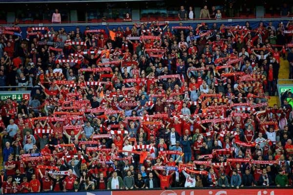 LIVERPOOL, ENGLAND - Wednesday, August 23, 2017: Liverpool supporters during the UEFA Champions League Play-Off 2nd Leg match between Liverpool and TSG 1899 Hoffenheim at Anfield. (Pic by David Rawcliffe/Propaganda)