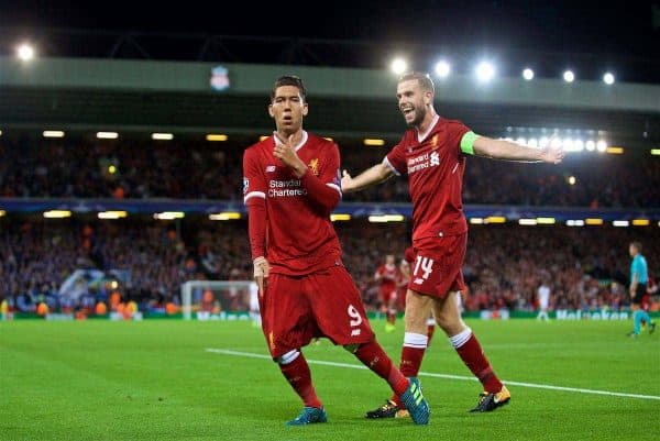 LIVERPOOL, ENGLAND - Wednesday, August 23, 2017: Liverpool's Roberto Firmino celebrates scoring the fourth goal during the UEFA Champions League Play-Off 2nd Leg match between Liverpool and TSG 1899 Hoffenheim at Anfield. (Pic by David Rawcliffe/Propaganda)