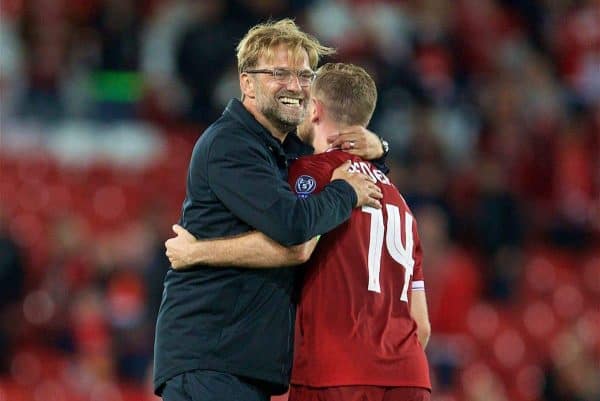 LIVERPOOL, ENGLAND - Wednesday, August 23, 2017: Liverpool's manager Jürgen Klopp celebrates his side's 4-2 victory (6-3 on aggregate) with captain Jordan Henderson during the UEFA Champions League Play-Off 2nd Leg match between Liverpool and TSG 1899 Hoffenheim at Anfield. (Pic by David Rawcliffe/Propaganda)