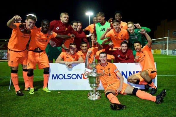 LEYLAND, ENGLAND - Friday, August 25, 2017: Liverpool's captain Corey Whelan with the trophy after beating Fleetwood Town on penalties to win the Lancashire Senior Cup Final match between Fleetwood Town and Liverpool Under-23's at the County Ground. Bobby Adekanye, goalkeeper Andy Firth, Danny Ings, Harry Wilson, Mich'el Parker, goalkeeper Caoimhin Kelleher, Paulo Alves, Yan Dhanda, George Johnston. (Pic by Propaganda)