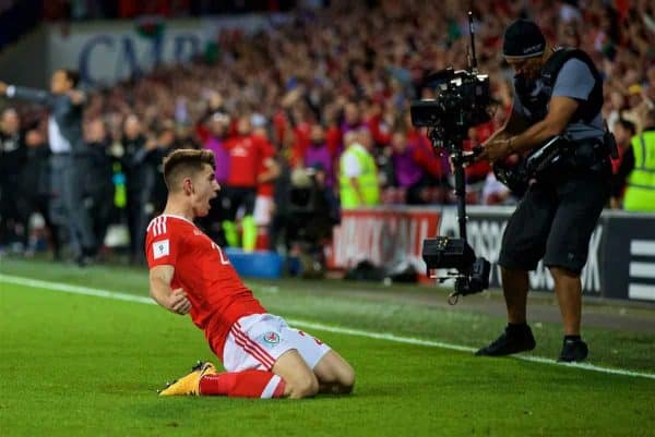 CARDIFF, WALES - Saturday, September 2, 2017: Wales' substitute Ben Woodburn celebrates scoring the first goal, on his debut, during the 2018 FIFA World Cup Qualifying Group D match between Wales and Austria at the Cardiff City Stadium. (Pic by David Rawcliffe/Propaganda)