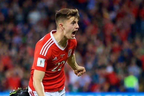 CARDIFF, WALES - Saturday, September 2, 2017: Wales' substitute Ben Woodburn celebrates scoring the first goal, on his debut, during the 2018 FIFA World Cup Qualifying Group D match between Wales and Austria at the Cardiff City Stadium. (Pic by David Rawcliffe/Propaganda)