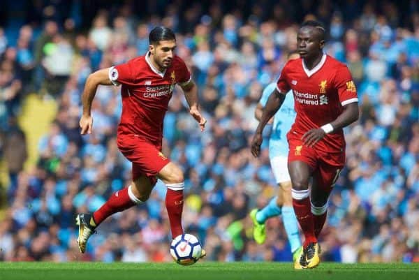 MANCHESTER, ENGLAND - Saturday, September 9, 2017: Liverpool's Emre Can and Sadio Mane during the FA Premier League match between Manchester City and Liverpool at the City of Manchester Stadium. (Pic by David Rawcliffe/Propaganda)