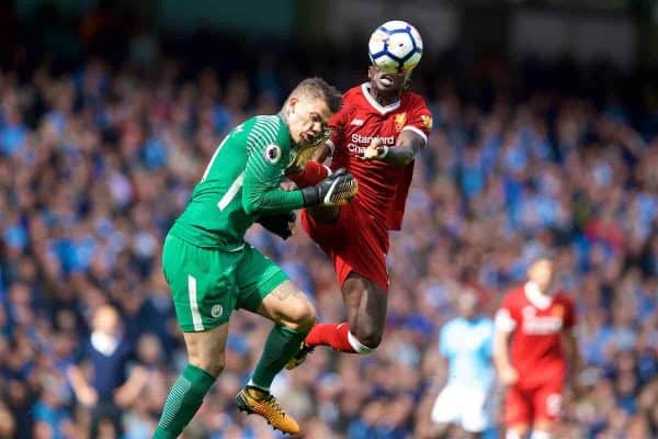 MANCHESTER, ENGLAND - Saturday, September 9, 2017: Liverpool's Sadio Mane challenges Manchester City's goalkeeper Ederson Moraes, and is shown a red card and sent off, during the FA Premier League match between Manchester City and Liverpool at the City of Manchester Stadium. (Pic by David Rawcliffe/Propaganda)