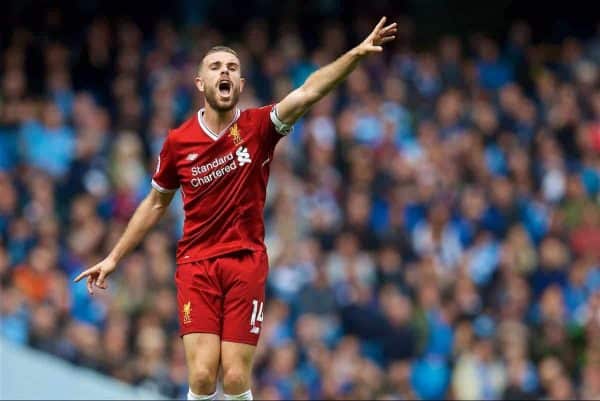 MANCHESTER, ENGLAND - Saturday, September 9, 2017: Liverpool's captain Jordan Henderson during the FA Premier League match between Manchester City and Liverpool at the City of Manchester Stadium. (Pic by David Rawcliffe/Propaganda)