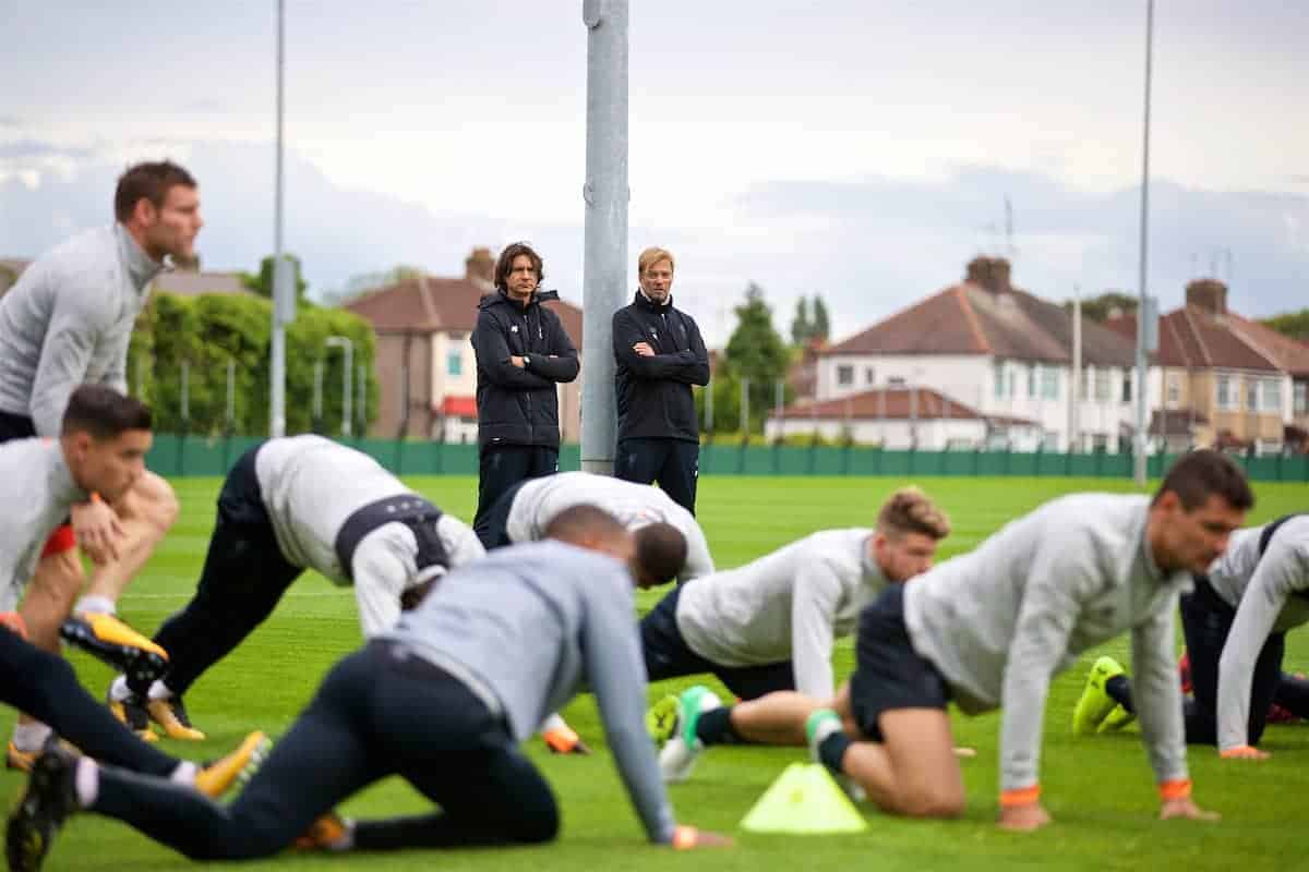 LIVERPOOL, ENGLAND - Tuesday, September 12, 2017: Liverpool's manager Jürgen Klopp and assistant manager Zeljko Buvac [L] during a training session at Melwood Training Ground ahead of the UEFA Champions League Group E match against Sevilla FC. (Pic by David Rawcliffe/Propaganda)