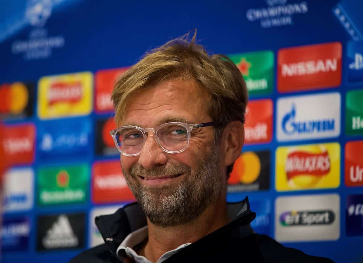 LIVERPOOL, ENGLAND - Tuesday, September 12, 2017: Liverpool's manager Jürgen Klopp during a press conference at Anfield ahead of the UEFA Champions League Group E match against Sevilla FC. (Pic by David Rawcliffe/Propaganda)