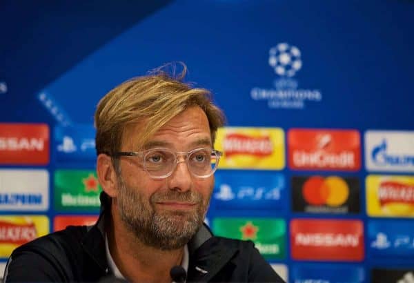 LIVERPOOL, ENGLAND - Tuesday, September 12, 2017: Liverpool's manager Jürgen Klopp during a press conference at Anfield ahead of the UEFA Champions League Group E match against Sevilla FC. (Pic by David Rawcliffe/Propaganda)