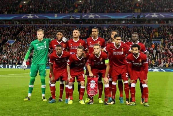 LIVERPOOL, ENGLAND - Wednesday, September 13, 2017: Liverpool's players line-up for a team group photograph before the UEFA Champions League Group E match between Liverpool and Sevilla at Anfield. Back row L-R: goalkeeper Loris Karius, Joe Gomez, Dejan Lovren, Joel Matip, Roberto Firmino, Sadio Mane. Front row L-R: Georginio Wijnaldum, Alberto Moreno, captain Jordan Henderson, Emre Can, Mohamed Salah. (Pic by David Rawcliffe/Propaganda)