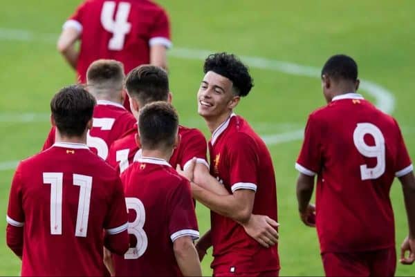 BIRKENHEAD, ENGLAND - Wednesday, September 13, 2017: Liverpool's Curtis Jones celebrates scoring his sides third goal during the UEFA Youth League Group E match between Liverpool and Sevilla at Prenton Park. (Pic by Paul Greenwood/Propaganda)