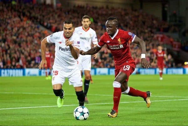 LIVERPOOL, ENGLAND - Wednesday, September 13, 2017: Liverpool's Sadio Mane and Sevilla's Gabriel Mercado during the UEFA Champions League Group E match between Liverpool and Sevilla at Anfield. (Pic by David Rawcliffe/Propaganda)