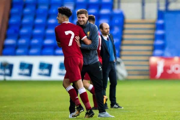 BIRKENHEAD, ENGLAND - Wednesday, September 13, 2017: Liverpool Under 18's manager Steven Gerrard celebrates with Curtis Jones at the end of the UEFA Youth League Group E match between Liverpool and Sevilla at Prenton Park. (Pic by Paul Greenwood/Propaganda)