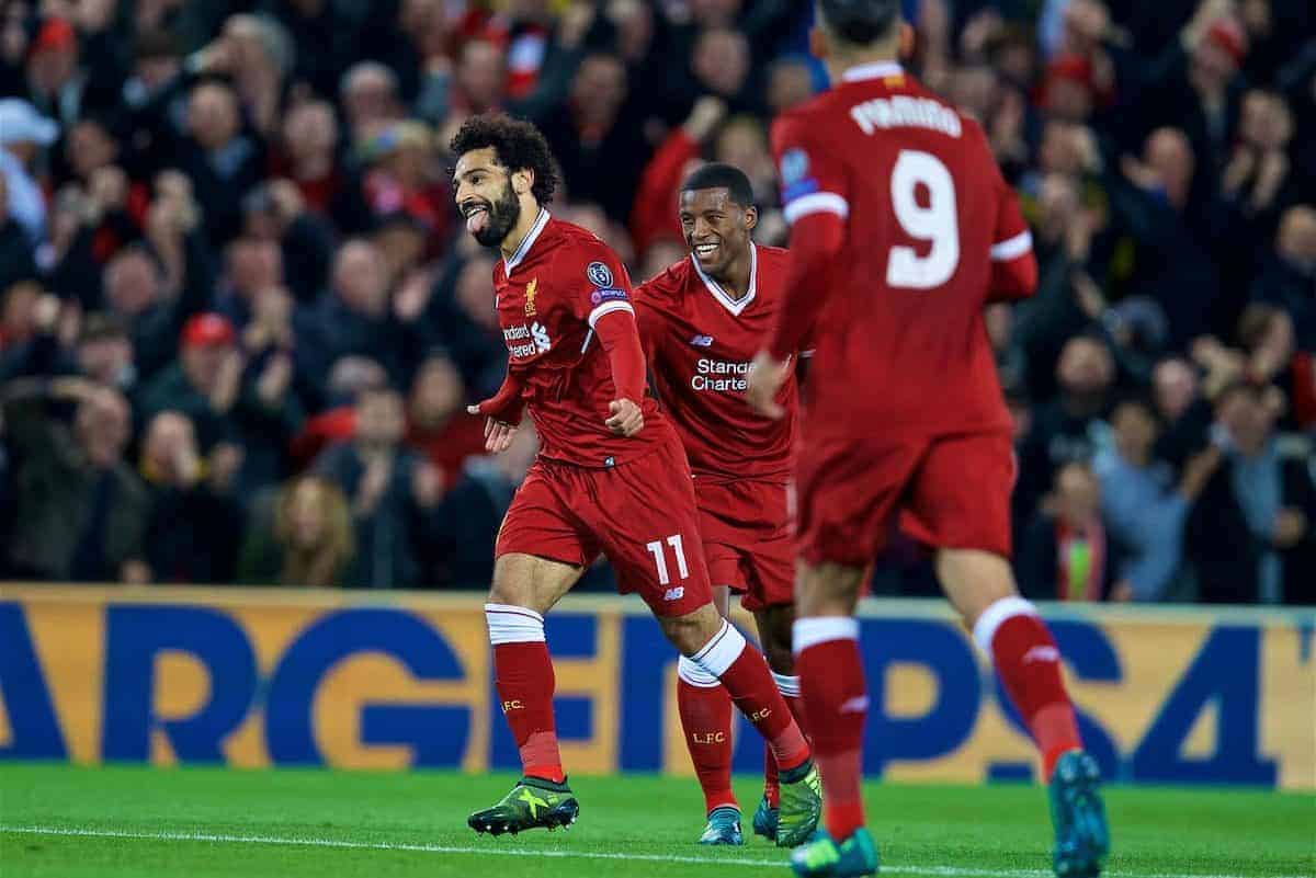 LIVERPOOL, ENGLAND - Wednesday, September 13, 2017: Liverpool's Mohamed Salah celebrates scoring the second goal during the UEFA Champions League Group E match between Liverpool and Sevilla at Anfield. (Pic by David Rawcliffe/Propaganda)
