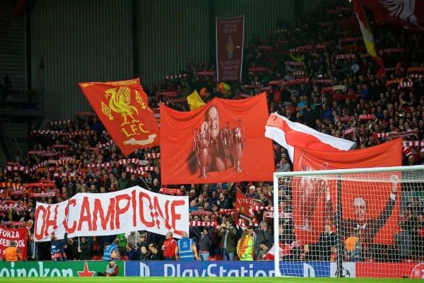 LIVERPOOL, ENGLAND - Wednesday, September 13, 2017: Liverpool's supporters on the Spion Kop, with a banner featuring former manager Bob Paisley who won three European Cups, before the UEFA Champions League Group E match between Liverpool and Sevilla at Anfield. (Pic by David Rawcliffe/Propaganda)