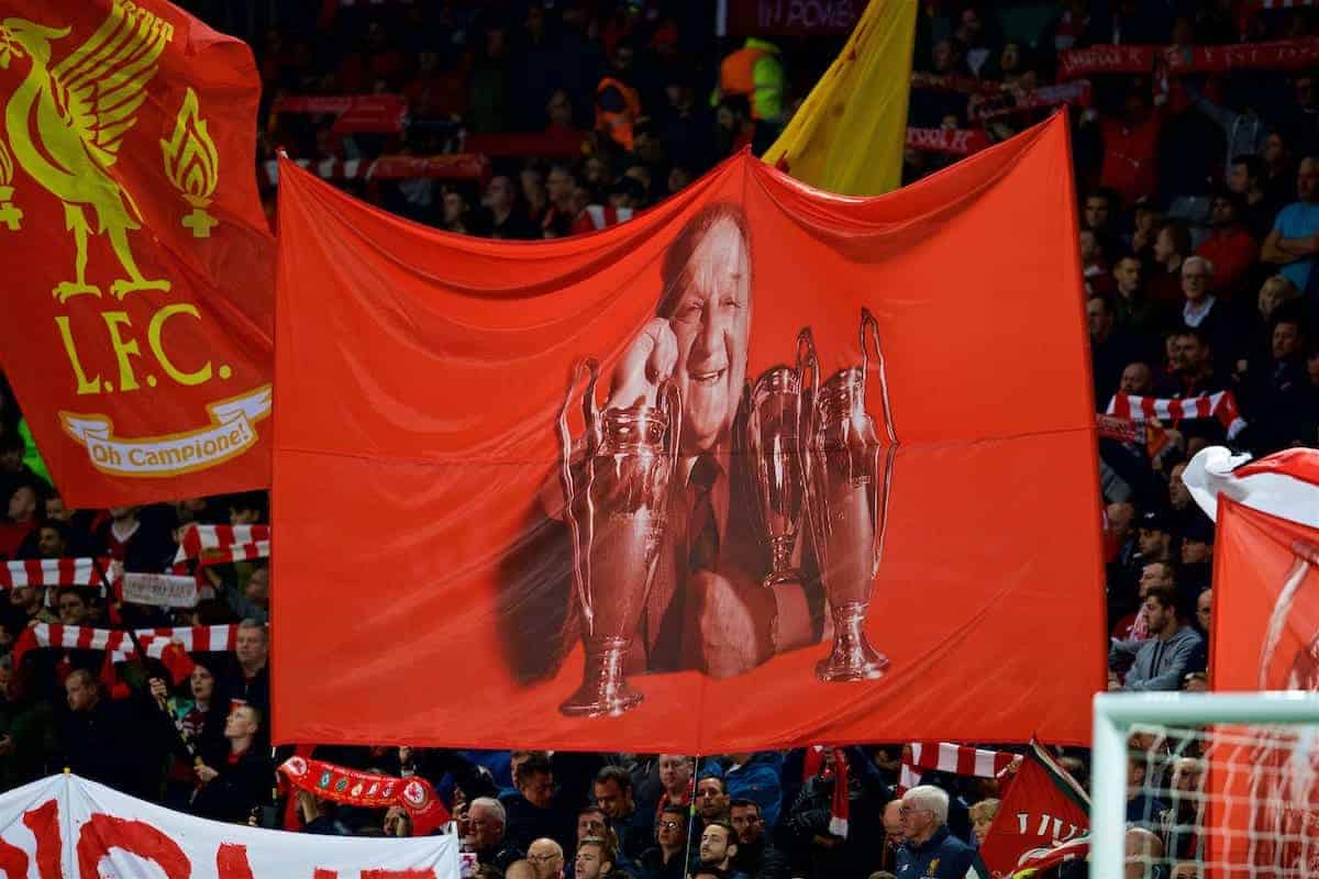 LIVERPOOL, ENGLAND - Wednesday, September 13, 2017: Liverpool's supporters on the Spion Kop, with a banner featuring former manager Bob Paisley who won three European Cups, before the UEFA Champions League Group E match between Liverpool and Sevilla at Anfield. (Pic by David Rawcliffe/Propaganda)