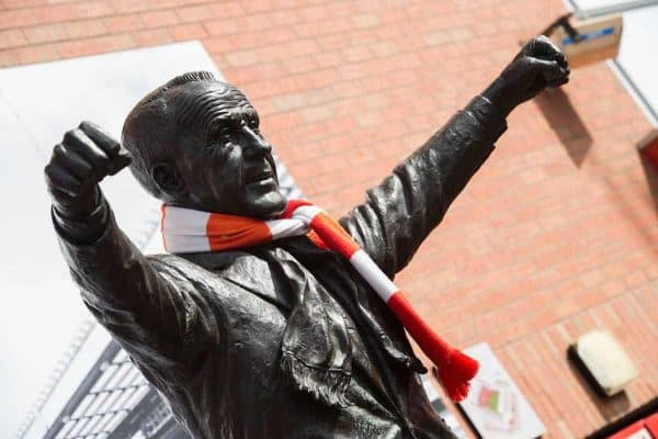 LIVERPOOL, ENGLAND - Saturday, September 16, 2017: The Statue of former Liverpool manager Bill Shankly has a red and white scarf placed around its neck outside Anfield before the FA Premier League match between Liverpool and Burnley at Anfield. (Pic by Peter Powell/Propaganda)