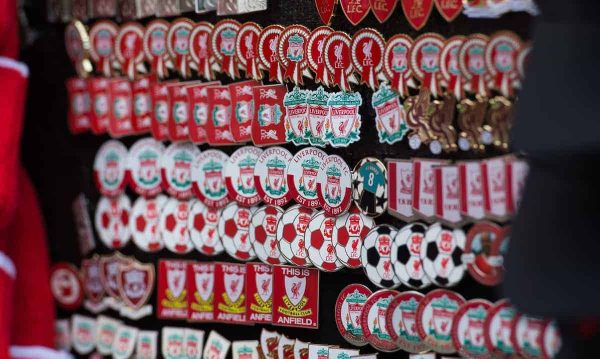 LIVERPOOL, ENGLAND - Saturday, September 16, 2017: A stall selling match day souveniers displays a tray full of badges outside Anfield before the FA Premier League match between Liverpool and Burnley at Anfield. (Pic by Peter Powell/Propaganda)