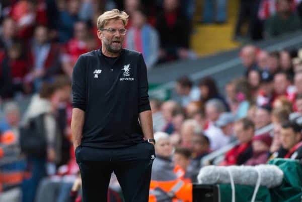 LIVERPOOL, ENGLAND - Saturday, September 16, 2017:Liverpool's Jurgen Klopp reacts after the FA Premier League match between Liverpool and Burnley at Anfield. (Pic by Peter Powell/Propaganda)