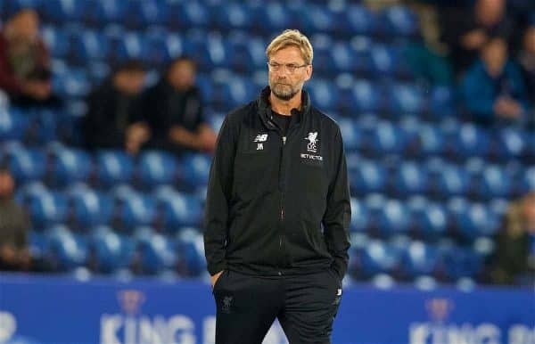 LEICESTER, ENGLAND - Saturday, September 23, 2017: Liverpool's manager Jürgen Klopp before the Football League Cup 3rd Round match between Leicester City and Liverpool at the King Power Stadium. (Pic by David Rawcliffe/Propaganda)