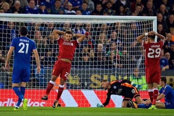 LEICESTER, ENGLAND - Saturday, September 23, 2017: Liverpool's Alex Oxlade-Chamberlain looks dejected after missing a chance during the Football League Cup 3rd Round match between Leicester City and Liverpool at the King Power Stadium. (Pic by David Rawcliffe/Propaganda)