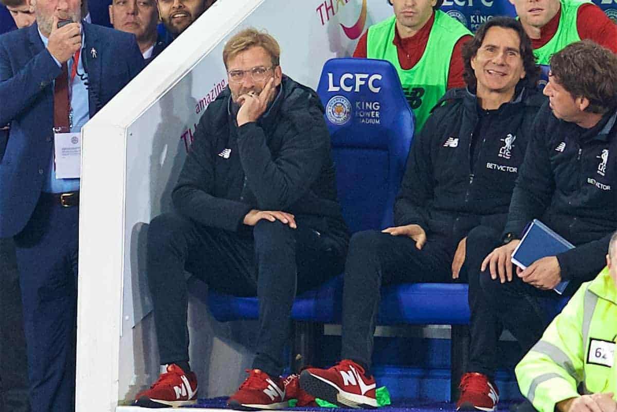 LEICESTER, ENGLAND - Saturday, September 23, 2017: Liverpool's manager Jürgen Klopp looks dejected as his side lose 2-0 during the Football League Cup 3rd Round match between Leicester City and Liverpool at the King Power Stadium. (Pic by David Rawcliffe/Propaganda)
