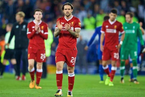 LEICESTER, ENGLAND - Saturday, September 23, 2017: Liverpool's Danny Ings looks dejected as his side lose 2-0 during the Football League Cup 3rd Round match between Leicester City and Liverpool at the King Power Stadium. (Pic by David Rawcliffe/Propaganda)