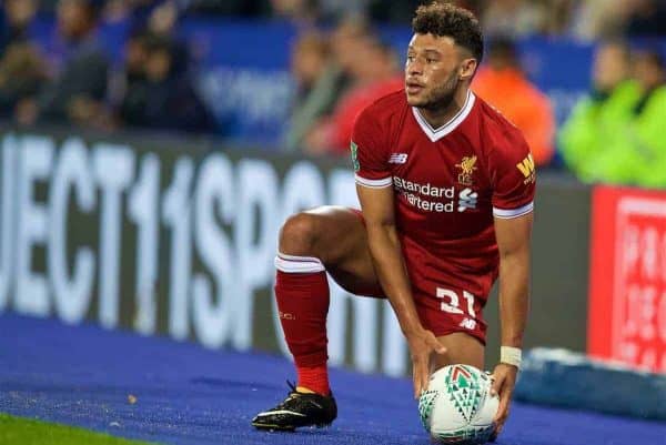 LEICESTER, ENGLAND - Saturday, September 23, 2017: Liverpool's Alex Oxlade-Chamberlain looks dejected as his side lose 2-0 during the Football League Cup 3rd Round match between Leicester City and Liverpool at the King Power Stadium. (Pic by David Rawcliffe/Propaganda)