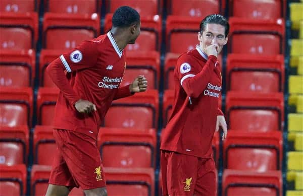 LIVERPOOL, ENGLAND - Friday, September 22, 2017: Liverpool's Harry Wilson celebrates scoring the first goal during the Under-23 FA Premier League 2 Division 1 match between Liverpool and Tottenham Hotspur at Anfield. (Pic by David Rawcliffe/Propaganda)