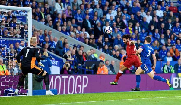 LEICESTER, ENGLAND - Saturday, September 23, 2017: Liverpool's Mohamed Salah scores the first goal during the FA Premier League match between Leicester City and Liverpool at the King Power Stadium. (Pic by David Rawcliffe/Propaganda)